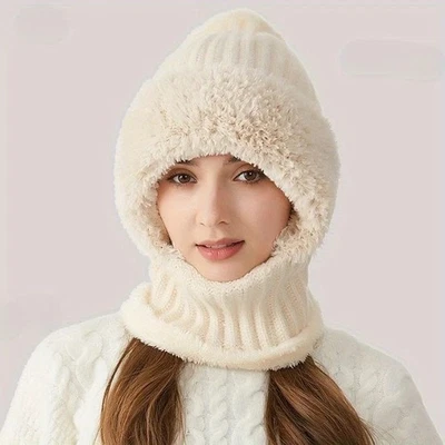 3 in 1 Women Beanie Cap Bobble Scarf Mask Set Knitted Winter Warm Snow Ski Cap - Image 1 of 4