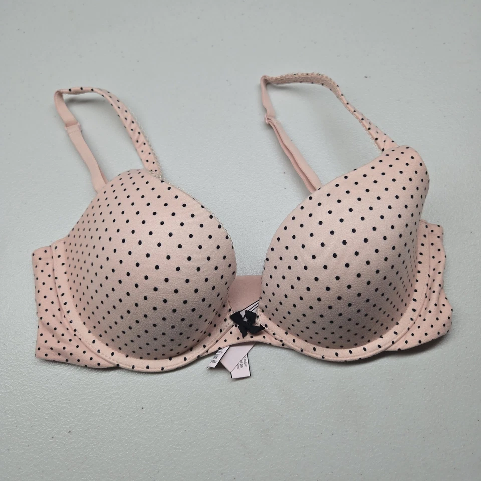 Sutiã feminino Victoria's Secret rosa 32D claro bolinhas preto com aro - Imagem 1 de 4