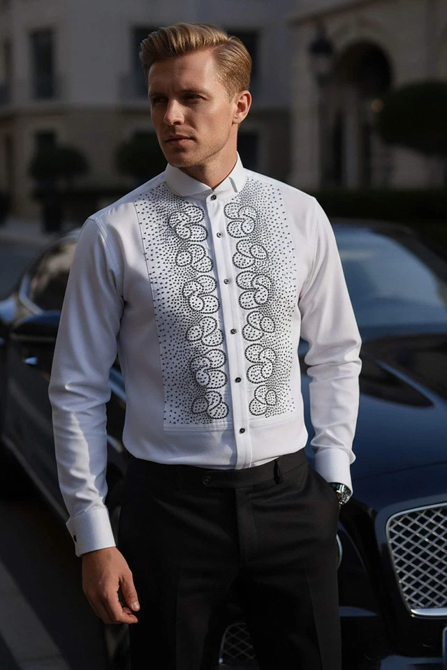 Barabas Men's Symmetrical Rhinestone Long Sleeve Shirt 4TXR07 - Image 1 of 4