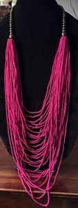 Vintage Multi Strand Glass Fuschia Pink Seed Bead & Wood Bead Necklace 26” - Picture 1 of 6