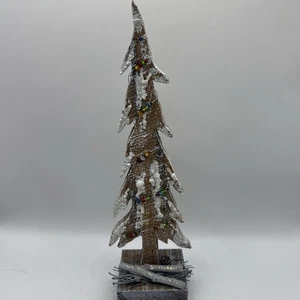 Wood Christmas Tree Flocked Snow String Of Lights /Beads Sparkles 9.5” - Picture 1 of 7