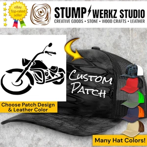 Custom Hat Trucker Baseball Cap Richardson Leather Patch Motorcycle Bike Chopper - Picture 1 of 22