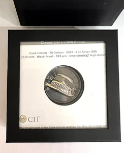 Coche clásico Cook Islands 2021 carreteras abiertas $10 2 oz. .999 NEGRO PROOF ALTO RELIEVE - Imagen 1 de 5