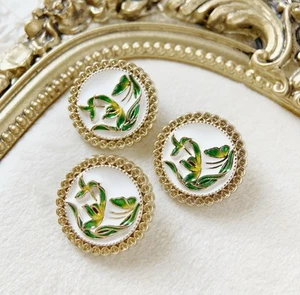 5pcs 20mm Shiny gold border green leaf white round  clothing shank button sewing - Picture 1 of 4