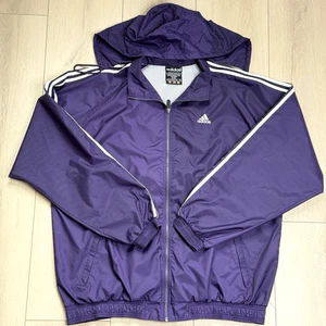 VTG Adidas Windbreaker Full Zip Jacket XXL Purple White Stripes Hooded Nylon USA - Picture 1 of 10