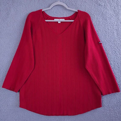 复古 Tommy Hilifiger 毛衣女式 2X 红色罗纹针织 V 领套衫 Y2K — 第 1/4 张图片