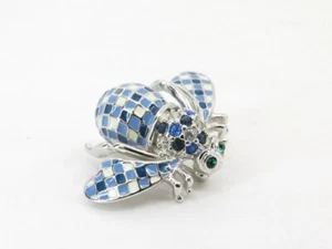 Joan Rivers Checkered Blue & White Enamel & Rhinestone Bee Pins in Gold - Picture 1 of 7