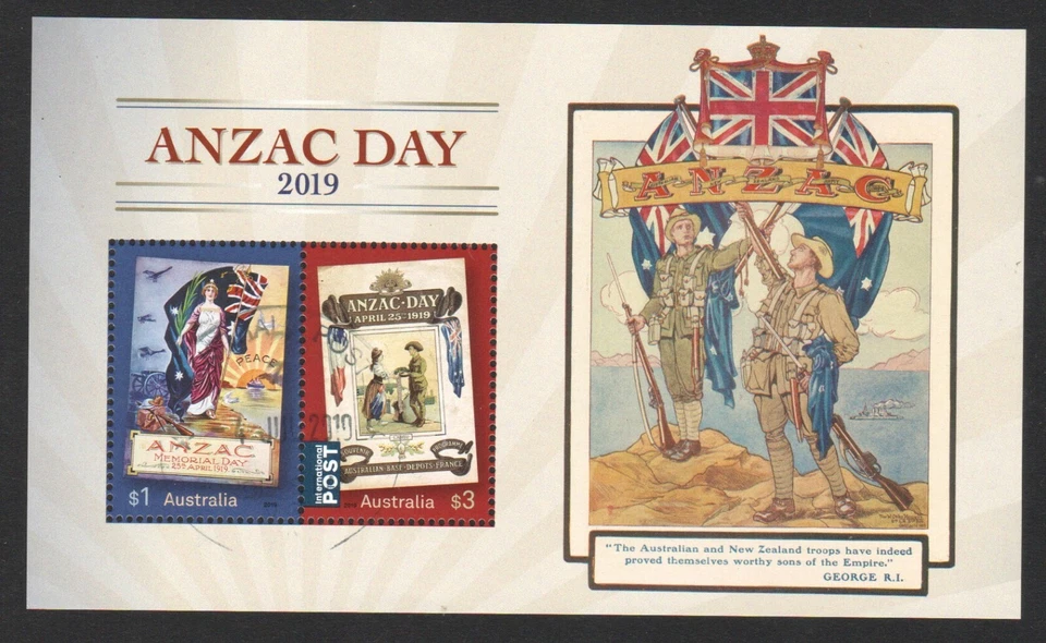 AUSTRALIA 2019 DÍA DE ANZAC (BANDERA Y EJÉRCITO) HOJA DE RECUERDO DE 2 SELLOS EN FINO USADO Foto 1 de 3