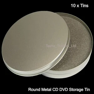 10 x Round Metal Silver Aluminum 120mm x 10mm with Removable Lid CD Tin Foam HQ - Afbeelding 1 van 9