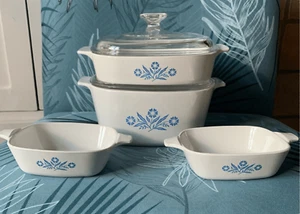 Vintage Corning Ware BLUE CORNFLOWER Baking Casserole Dish Lot 4 piece set w/ li - Imagen 1 de 6