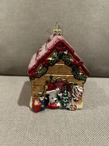 Glass Christmas Ornament Dog Puppy Dog House - Picture 1 of 10