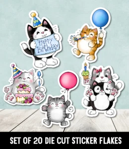 Happy Birthday Cats Die Cut Stickers - Set of 20 - Picture 1 of 1