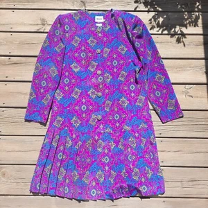 Vintage 80s Leslie Fay Dresses Petite Purple Geometric Pleated Secretary Size 12 - Picture 1 of 9