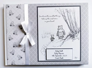 Personalised Classic Winnie the Pooh black and white baby shower guest book - Picture 1 of 6