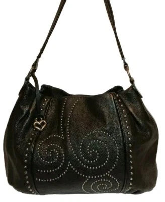 BRIGHTON PRETTY TOUGH STARLET STUDDED BLACK LEATHER HOBO SHOULDER BAG MRP$280 - Image 1 of 4