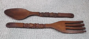 Giant Wooden Fork & Spoon Wall Decor Beautiful Carved Handles Inch 1960s - Picture 1 of 5