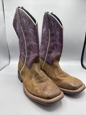 Botas Laredo Femininas Tamanho 9 M Couro Marrom Roxo Biqueira Quadrada Western - Imagem 1 de 4