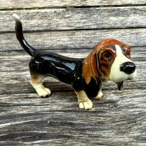 Vintage Goebel Hand-Painted Black Porcelain Basset Hound Dog Tail Up Figurine - Picture 1 of 9