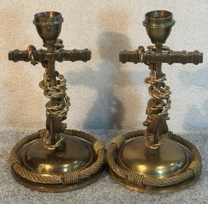 2 Solid Brass Anchor 7" Candlesticks Rope Chain Nautical - Picture 1 of 16