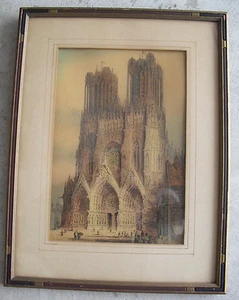 Vintage LAte 1800s Era Framed Print - West Front Rheims Cathedral Church LOOK - Picture 1 of 2