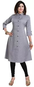 Ethnisch Kurti Damen Tunika Kurta grau Tupfen Top Shirt Kleid Polyester SC2701 - Bild 1 von 9
