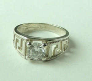 Child Ring in Sterling Silver Greek Key Design Cubic Zirconia Prong Set - Picture 1 of 2
