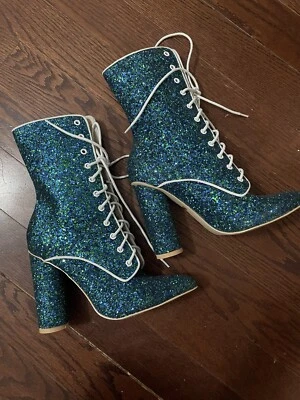 Botas Cape Robbin para mujer 7,5 azul verde brillo tacón grueso con cordones punta Foto 1 de 4