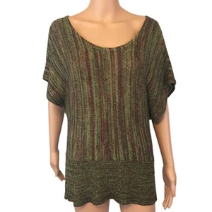 Cato Size Medium Green & Red Sheer Knit Short Sleeve Scoop Neck Blouse Top Shirt - Picture 1 of 8