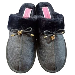 Kate Spade Black Glitter Fuzzy Slippers Bow Charm Cozy Slides Women’s L 9/10  - Picture 1 of 7