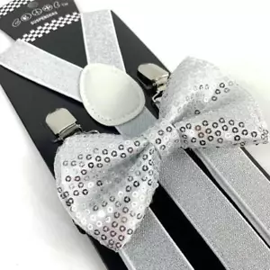 Silver Sequin Bow Tie & Silver Glitter Suspender High Quality Adjustable - Picture 1 of 6