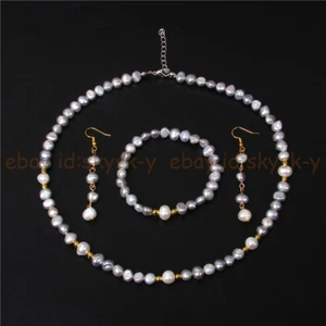 Natural Silver White Freshwater Baroque Pearl Necklace Bracelet Earrings Set - Picture 1 of 13