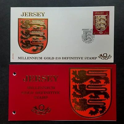 Jersey "COAT OF ARMS ~ MILLENNIUM" £10 HV 22K Gold Stamp FDC + Pres Pack 2000 - Image 1 of 4