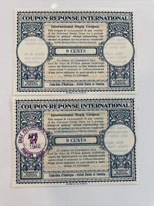 USA coupon reponse international 9 Cents. Lot of 2 Coupons 1948 and Unused. - Picture 1 of 2