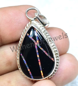 Colgante De Plata Esterlina 925 34.05 Ct Ónix Negro Con Ópalo Único Raro Hermoso - Imagen 1 de 9