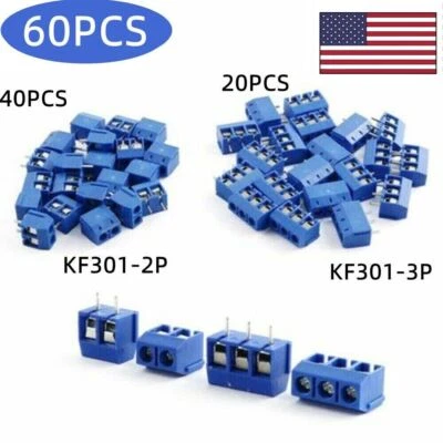 60pcs Blue KF301-2P/3P PCB Mount Screw Terminal Block Connector 2/3Pin 5mm Pitch - Image 1 of 4