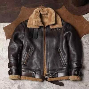 Herren Braun B3 RAF Pilot Bomber Lammfell Fell Echt Lammfell Lederjacke Mantel - Bild 1 von 11