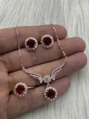 14K Rose Gold Plated 3.00Ct Round Cut Women's Jewelry Set Lab Created Red Garnet - Image 1 of 4