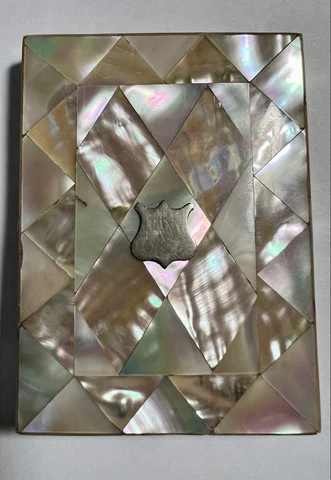 19th C Antique Mother of Pearl Calling Card Case with Accordion Interior Cover