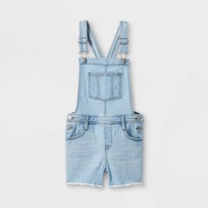 NEW Cat & Jack Girls Overall Shortalls Light Wash Raw Hem Cut Off Bib Shorts - Picture 1 of 6