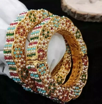 Bollywood Braut Mode Vergoldet Indisch Schmuck Damen Perle Armreifen Paar Neu - Bild 1 von 3