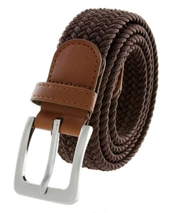 Men's Stretch Brown Belt Braided Elastic Casual Weave Canvas Fabric Woven Belt - Picture 1 of 9