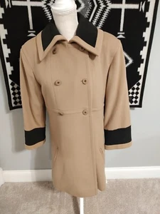 Vintage 70's Authentic Chanel Wool Knee Length Pea Coat, Tan & Black, 38/M  - Picture 1 of 21