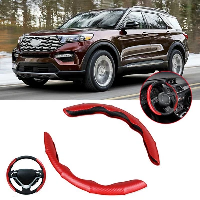 For Ford Car 15" Steering Wheel Cover Protector Non-Slip PU Leather Carbon+Red - Image 1 of 4