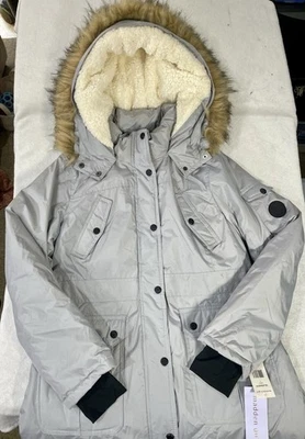 Madden Girl Winter Coat Faux Fur Hood OLZSK8TF Grey Large - Image 1 of 4