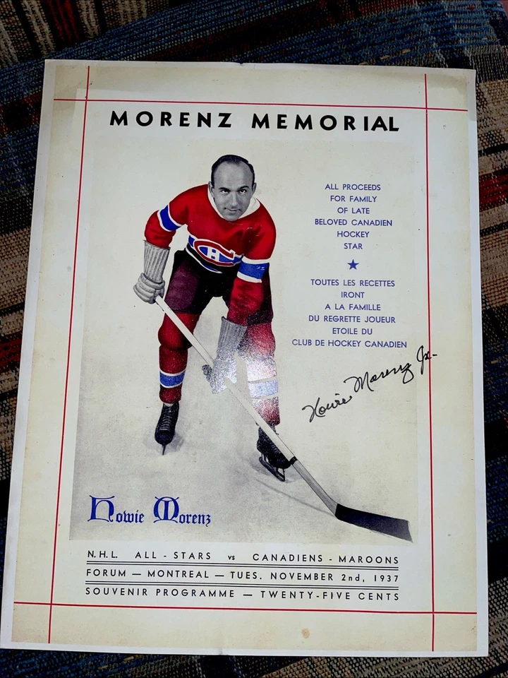 1937 NHL HOCKEY HOWIE MORENZ  MEMORIAL GAME RP COVER PHOTO AUTOGRAPHED BY JUNIOR - Image 1 of 4