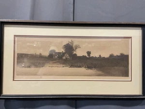 Antike Ernest C Rost Landhaus rote Scheunen Landschaft Radierung 23 Zoll - Bild 1 von 6