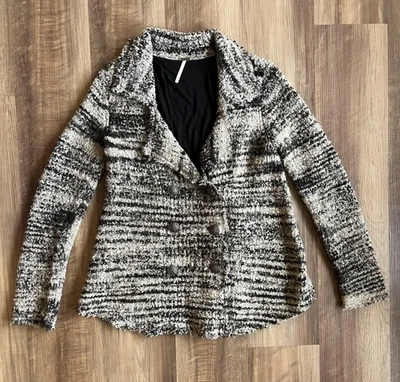 Chaqueta Free People Mujer Grande Negra Gris Tejido Boucle Abrigo Doble Pecho Foto 1 de 4