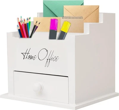 Schreibtisch-Organizer Weiß Mit 3 Fächern, Schublade, Briefbox, Holz Ständer - Bild 1 von 4