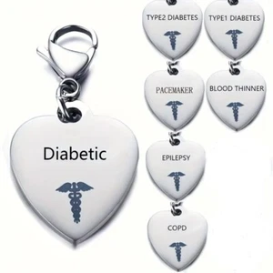 Medical Alert Pendant Heart Charm Keyring Stainless Steel w/ Lobster Claw Clasp - Picture 1 of 13