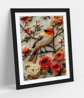 EMBROIDERY BLOSSOM TREE WITH BIRD -FRAMED WALL ART POSTER PAPER PRINT - Image 1 of 4